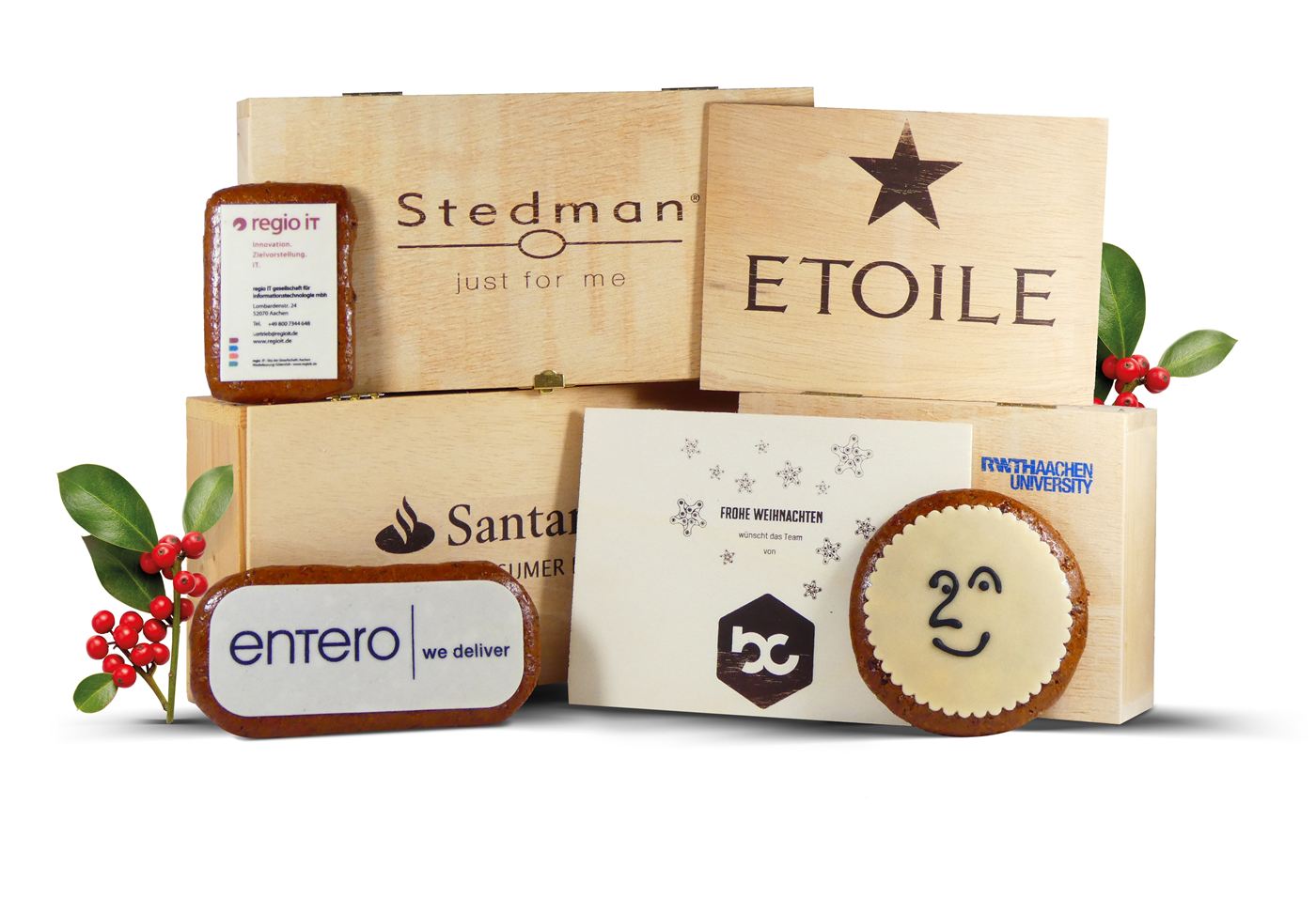 Nobis-Holzkisten und Printen mit den Logos verschiedener Unternehmen