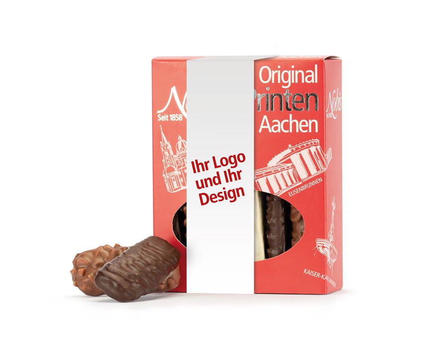 Rote Nobis-Geschenkpackung mit weißer Banderole für Ihr Logo
