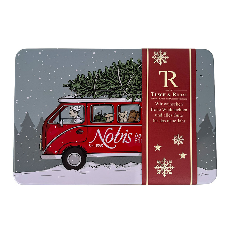 Nobis-Weihnachtsdose mit Firmenbanderole und Weihnachtsgruß